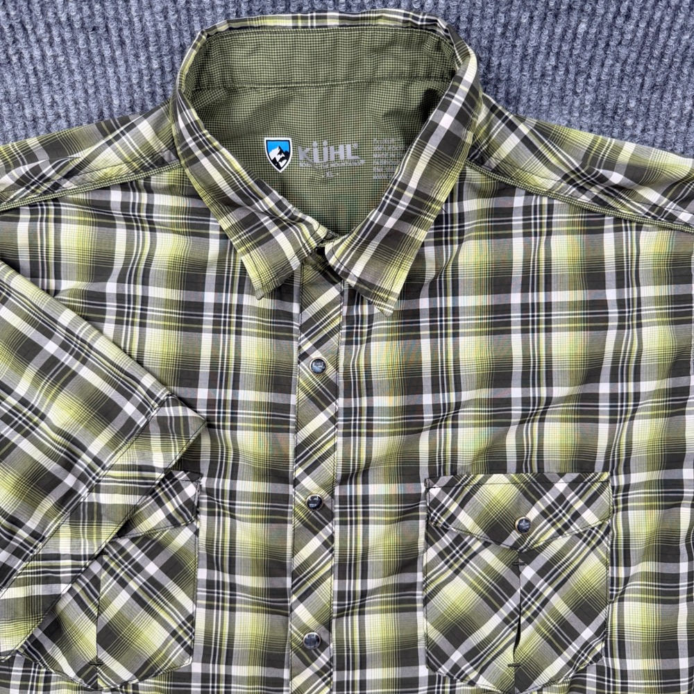 KUHL Eluxur Shirt Mens XL Green Plaid Short Sleeve Pearl Snap Outdoor Hiking